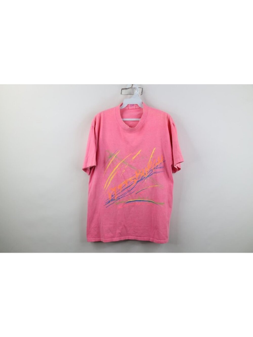 Vintage 80s Streetwear Womens Large Paint Splatter Pittsburgh T-Shirt Pink USA